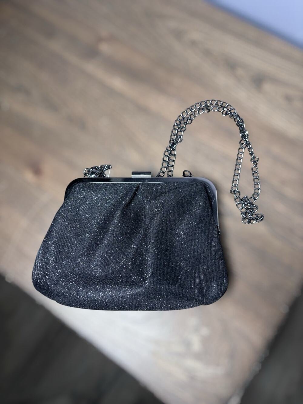 A New Day Black Sparkly Evening Bag Clutch Removable Chain Strap